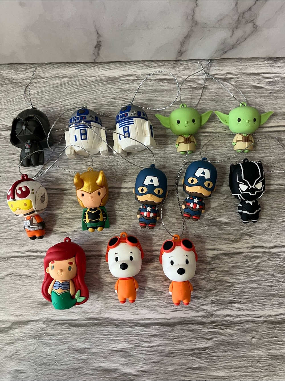 Hallmark Mystery Assorted Ornaments Star Wars, Marvel, Ariel, Snoopy Lot Of 13